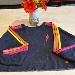 Aviator Nation Navy Cropped Sweatshirt with Neon Stripe Accents